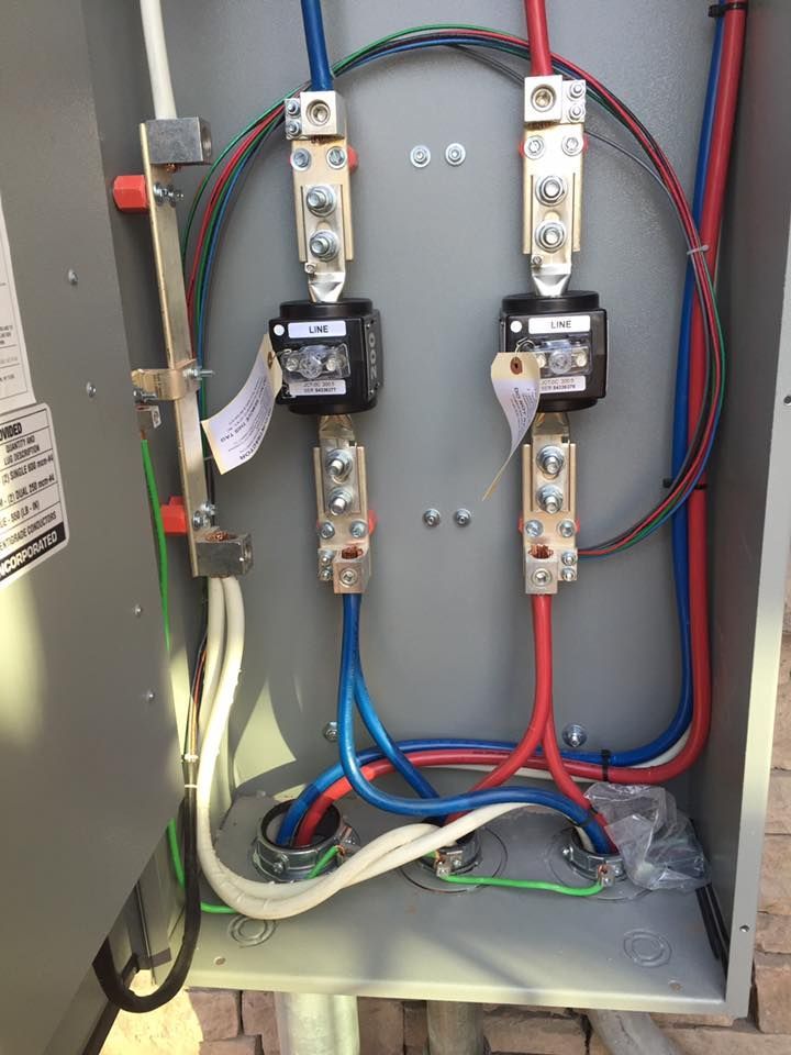 Electrical panel with red, blue, and white wires. Terminals, and circuit breakers are visible inside a gray box.