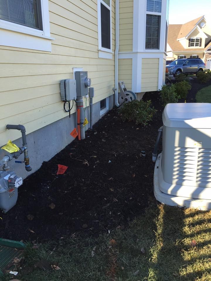 Yellow house exterior with dark mulch landscaping, gas meter, electrical box, and a generator.