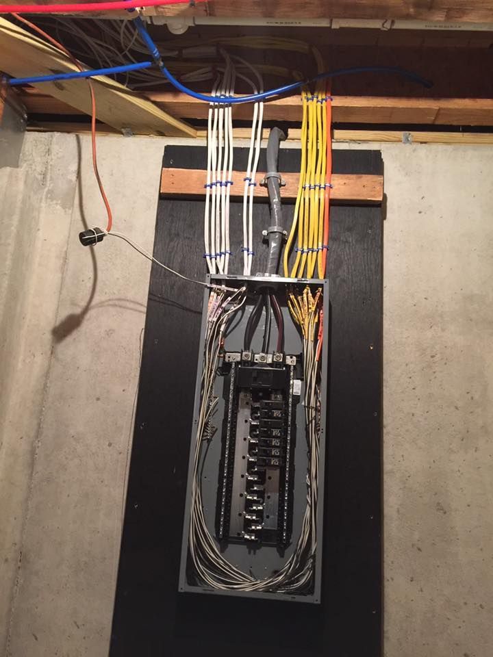 Electrical panel with wires, mounted on a black board on a concrete wall.