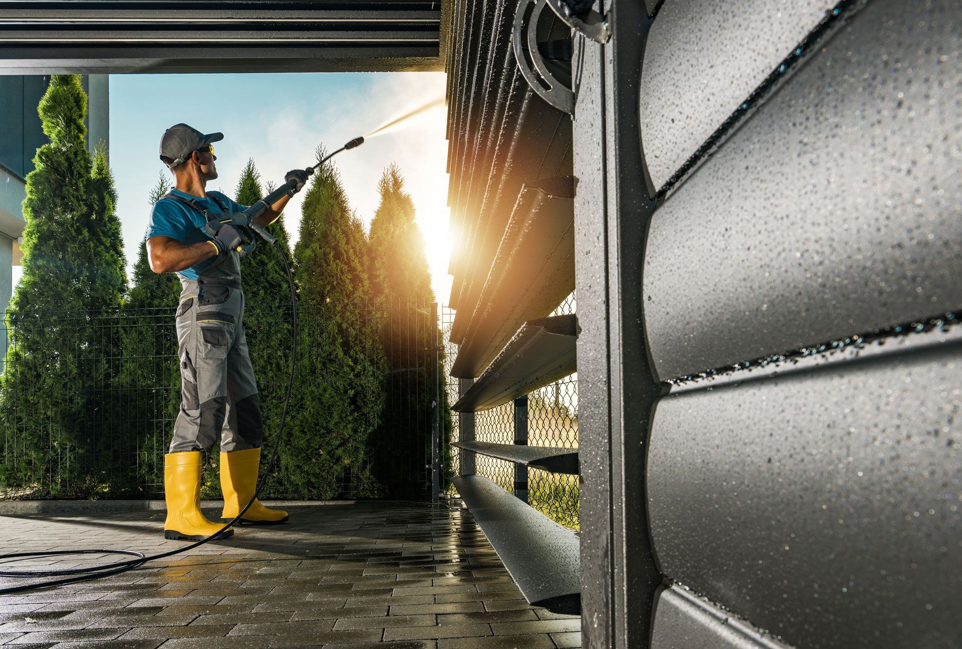 Person in yellow boots pressure washing a patio, water spraying, with the pressure washer beside them.
