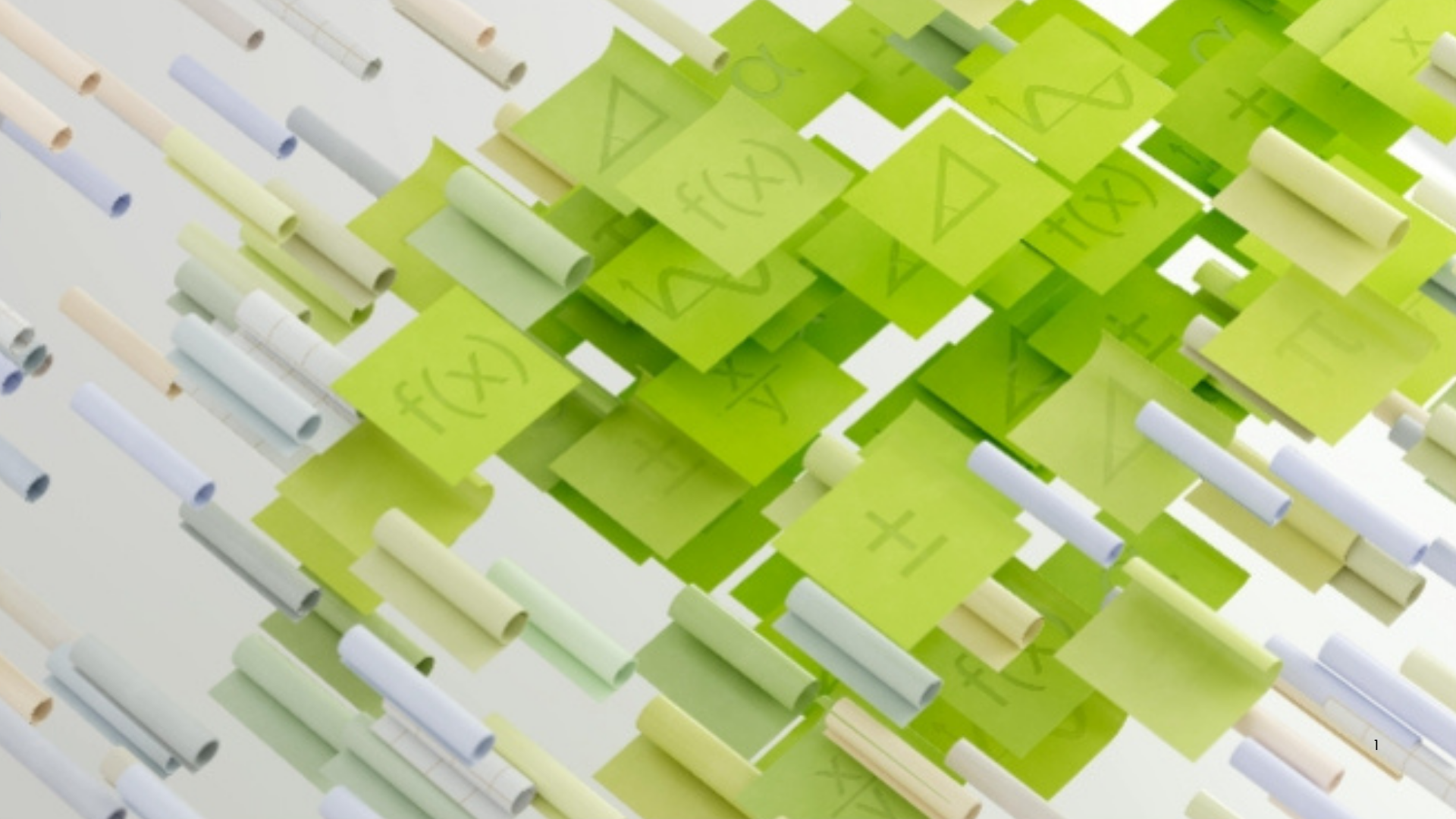 A bunch of green sticky notes with mathematical symbols on them