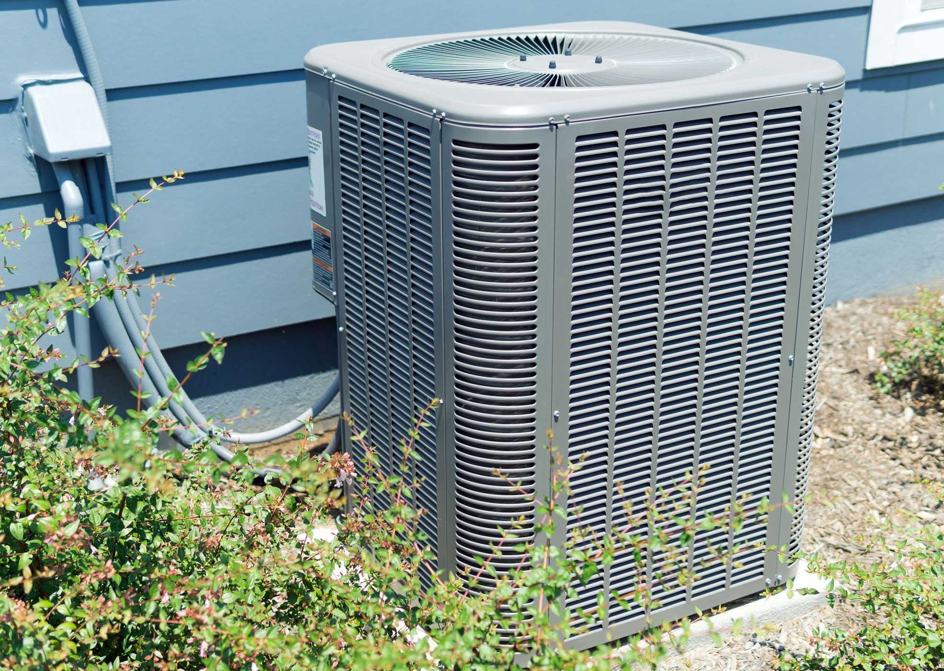 Air conditioner unit next to a gray house, surrounded by bushes.