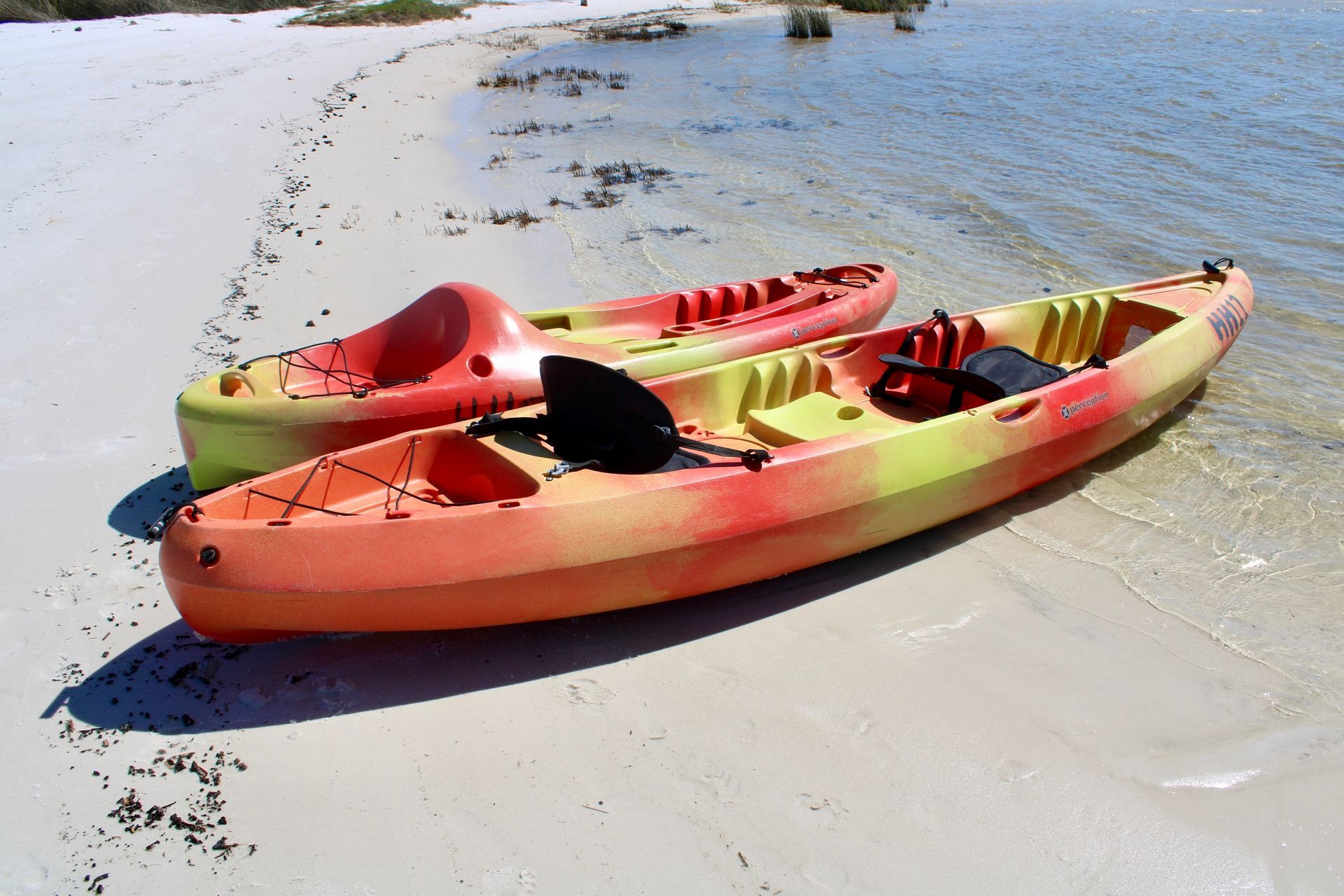 Two of our rental kayaks sitting on a beach