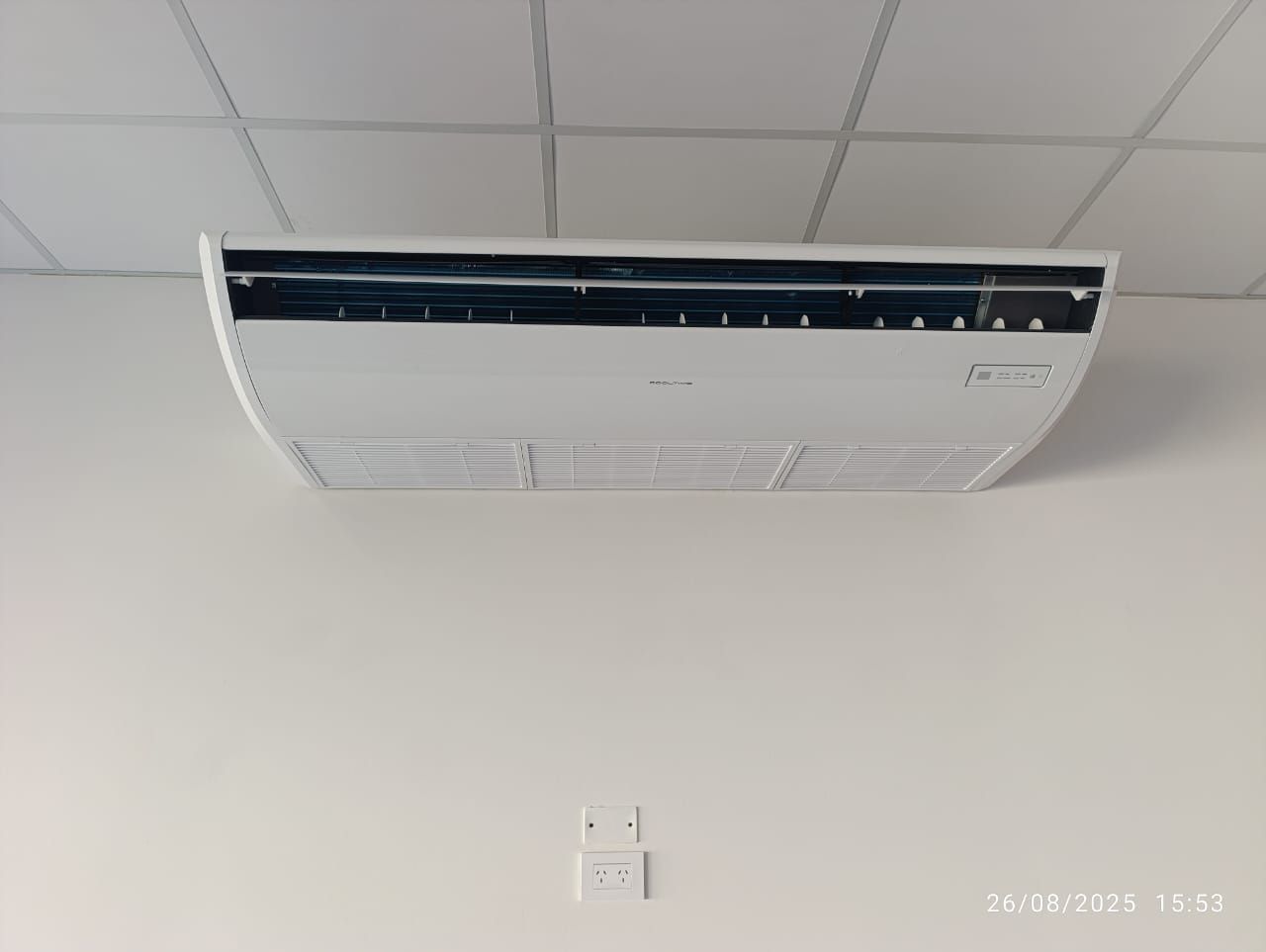 Escotilla de servicio abierta con una manguera y guantes rojos junto a una pared de ladrillos y un suelo mojado y salpicado.