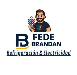 Logo de FEDE BRANDAN Refrigeración & Electricidad con técnico y herramientas en azul y negro
