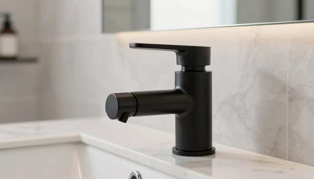 Black bathroom faucet on a white countertop with a marble backsplash.