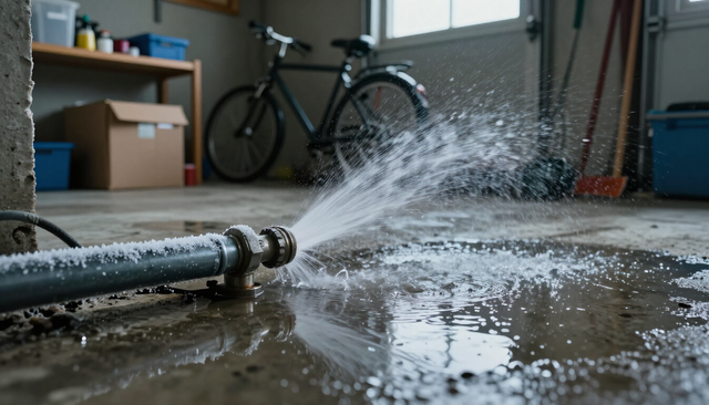 Garden hose spraying water across a wet garage floor, with a bicycle in the background