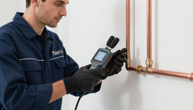 Technician using a thermal camera to inspect copper pipes on a white wall