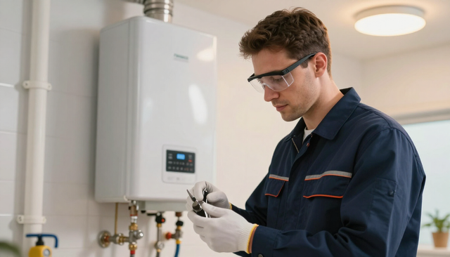 Technician inspecting a wall-mounted boiler with a tool in a bright utility room