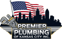 Premier Plumbing of Kansas City logo with U.S. flag, city skyline, and phone number 913-206-1615