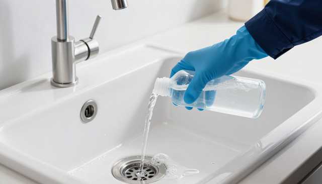 Gloved hand pours clear liquid from a bottle into a white sink drain