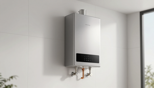 Wall-mounted white water heater with exposed pipes in a bright tiled bathroom