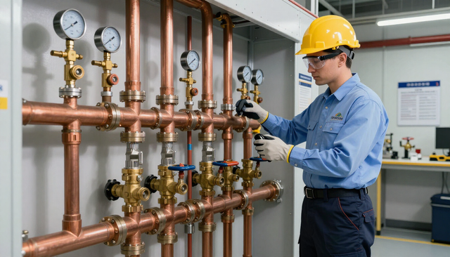 Technician inspecting copper pipes and gauges in an industrial facility, wearing a yellow hard hat.