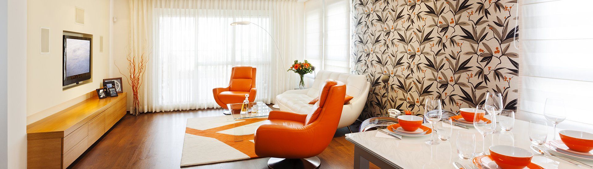 orange and white themed living room 
