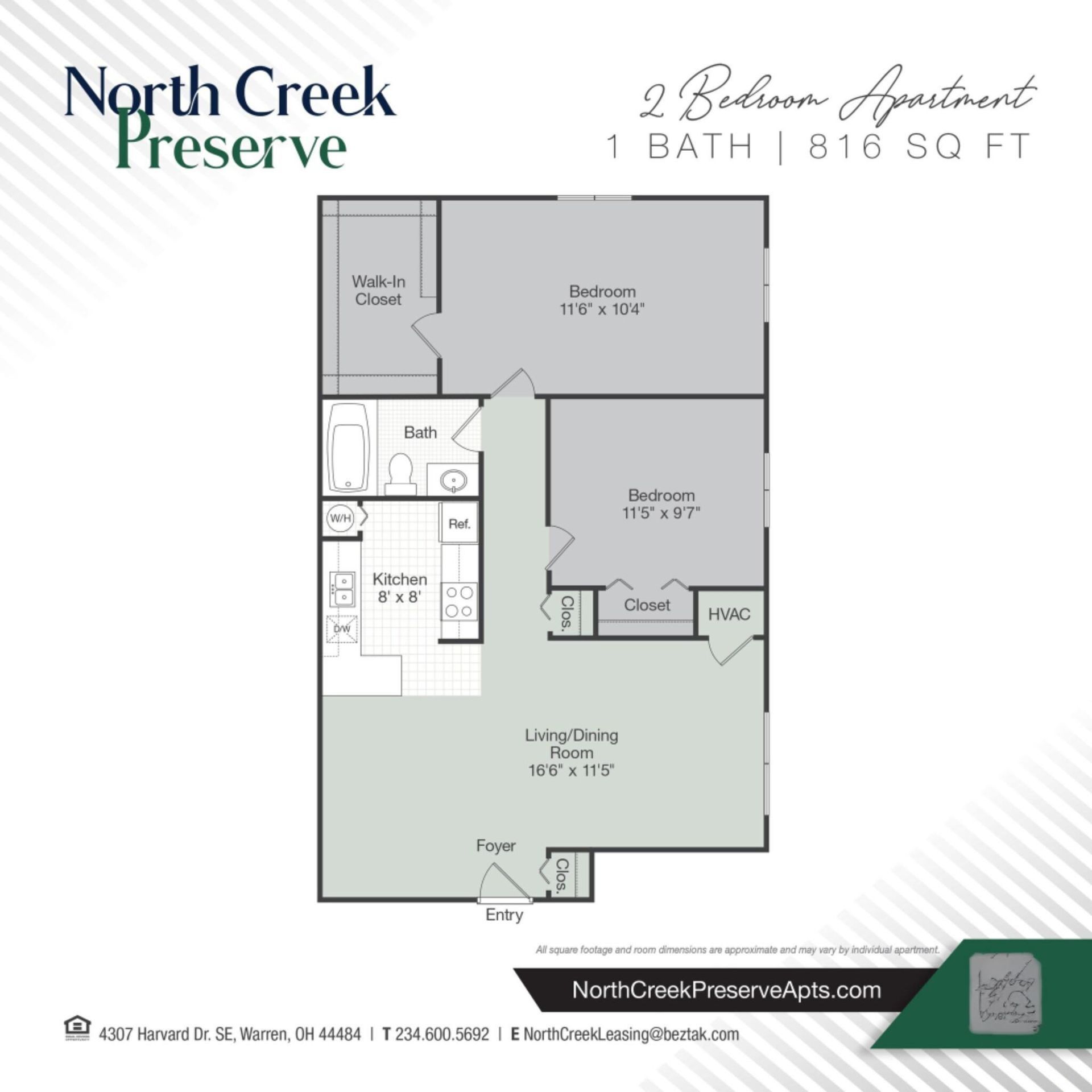 Floor plan of a 2-bedroom, 1-bath apartment with an 816 sq ft layout.