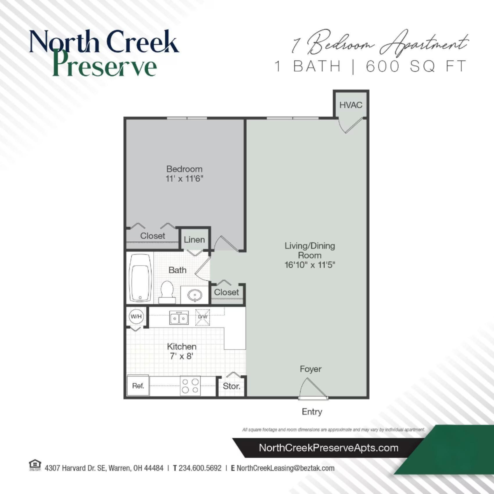 Floor plan of a 1-bedroom, 1-bath apartment at North Creek Preserve. Includes a bedroom, kitchen, living room.