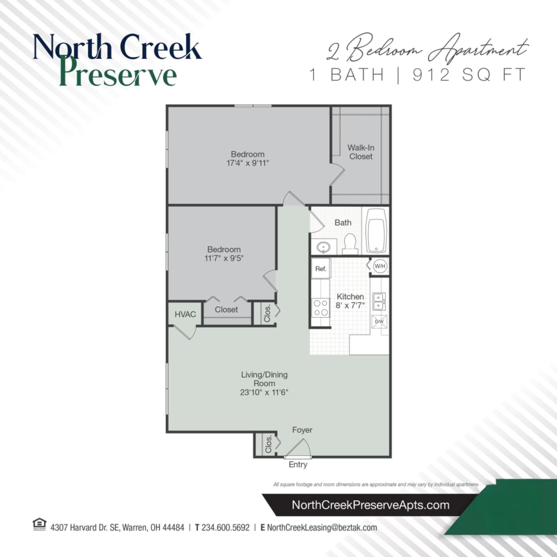 Floor plan of a 2-bedroom, 1-bath apartment at North Creek Preserve, 912 sq ft, including measurements for each room.