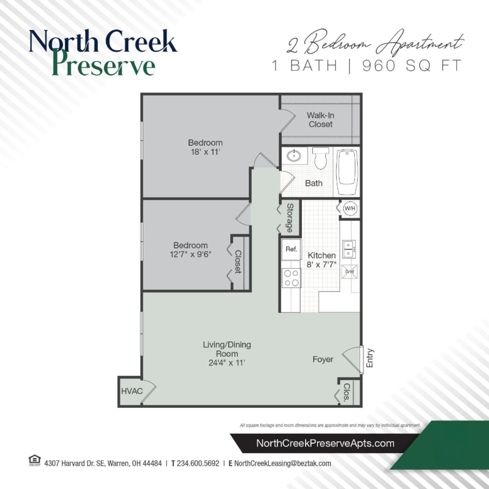 Floor plan for a 2-bedroom, 1-bath apartment at North Creek Preserve. Shows layout with dimensions. 960 sq ft.