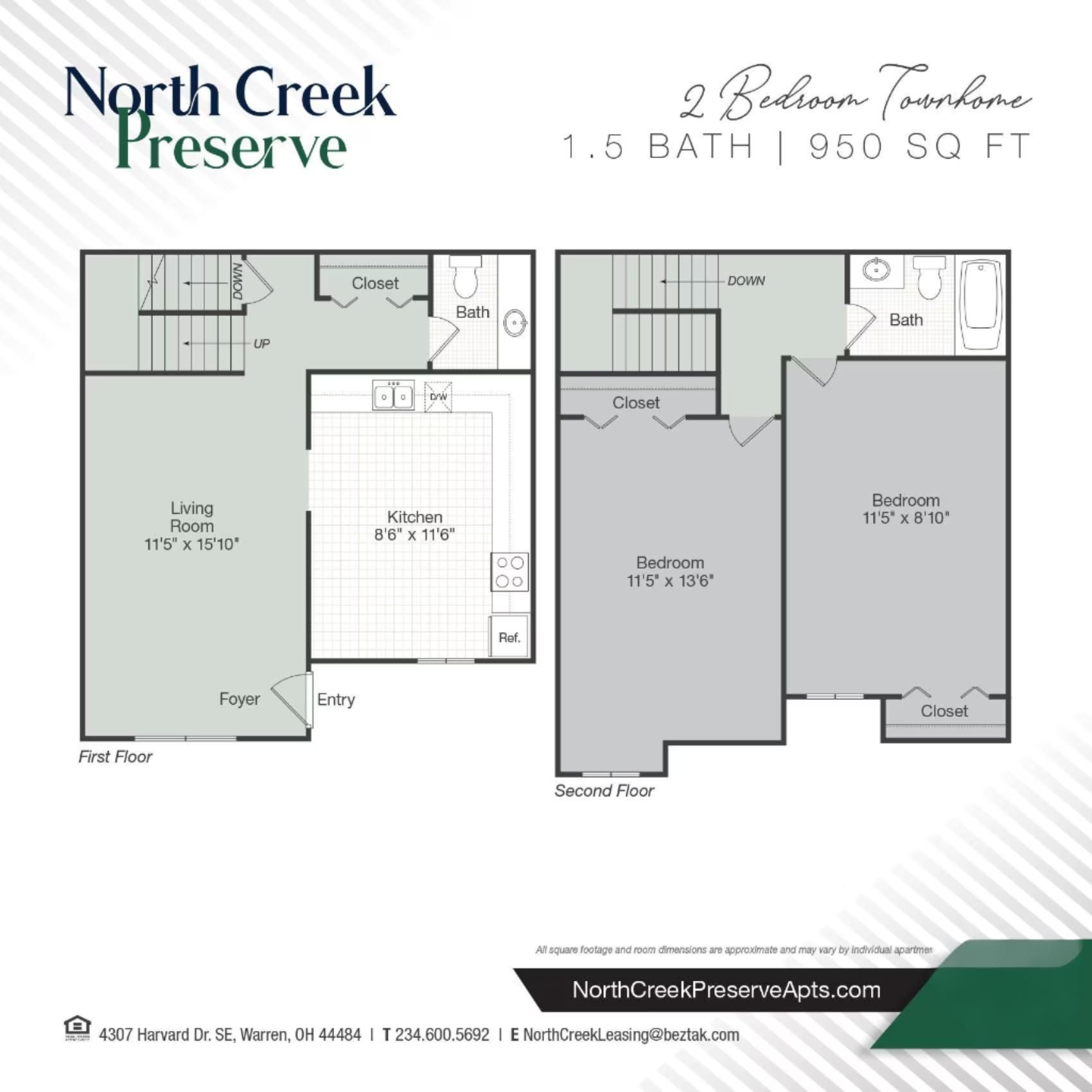Floor plan of a 2-bedroom, 1.5-bath, 950 sq ft townhouse at North Creek Preserve. Shows kitchen, living room, and bedrooms.