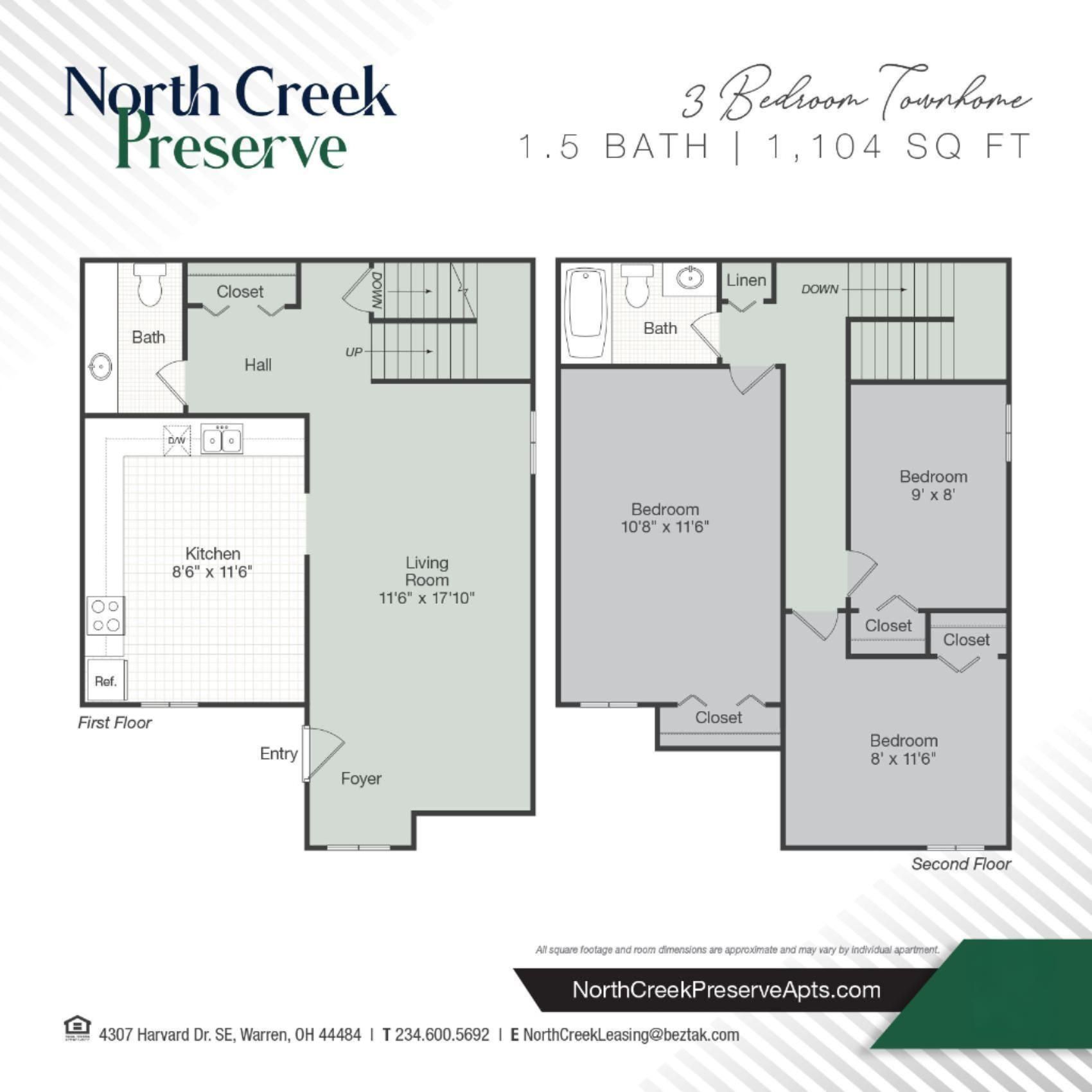 Floor plan of a 3-bedroom, 1.5 bath townhouse in North Creek Preserve, 1,104 sq ft, with rooms labeled.