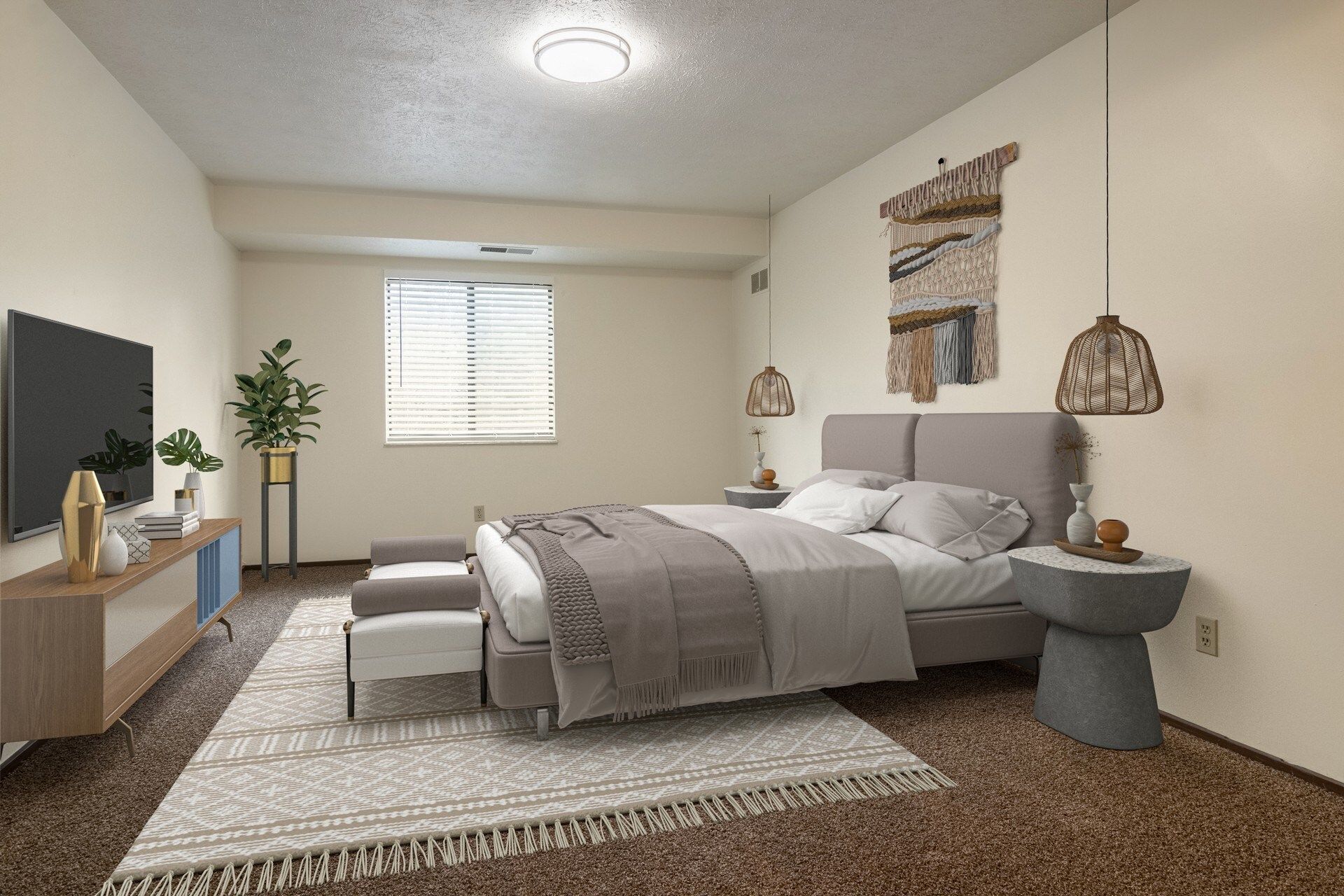 Bedroom with bed, TV, rug, and decorative wall hanging; neutral tones.
