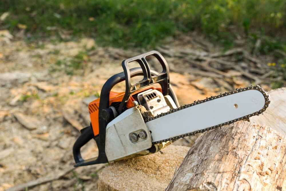 A Chainsaw Is Sitting On Top Of A Log — D & M Tree Services In Taree, NSW