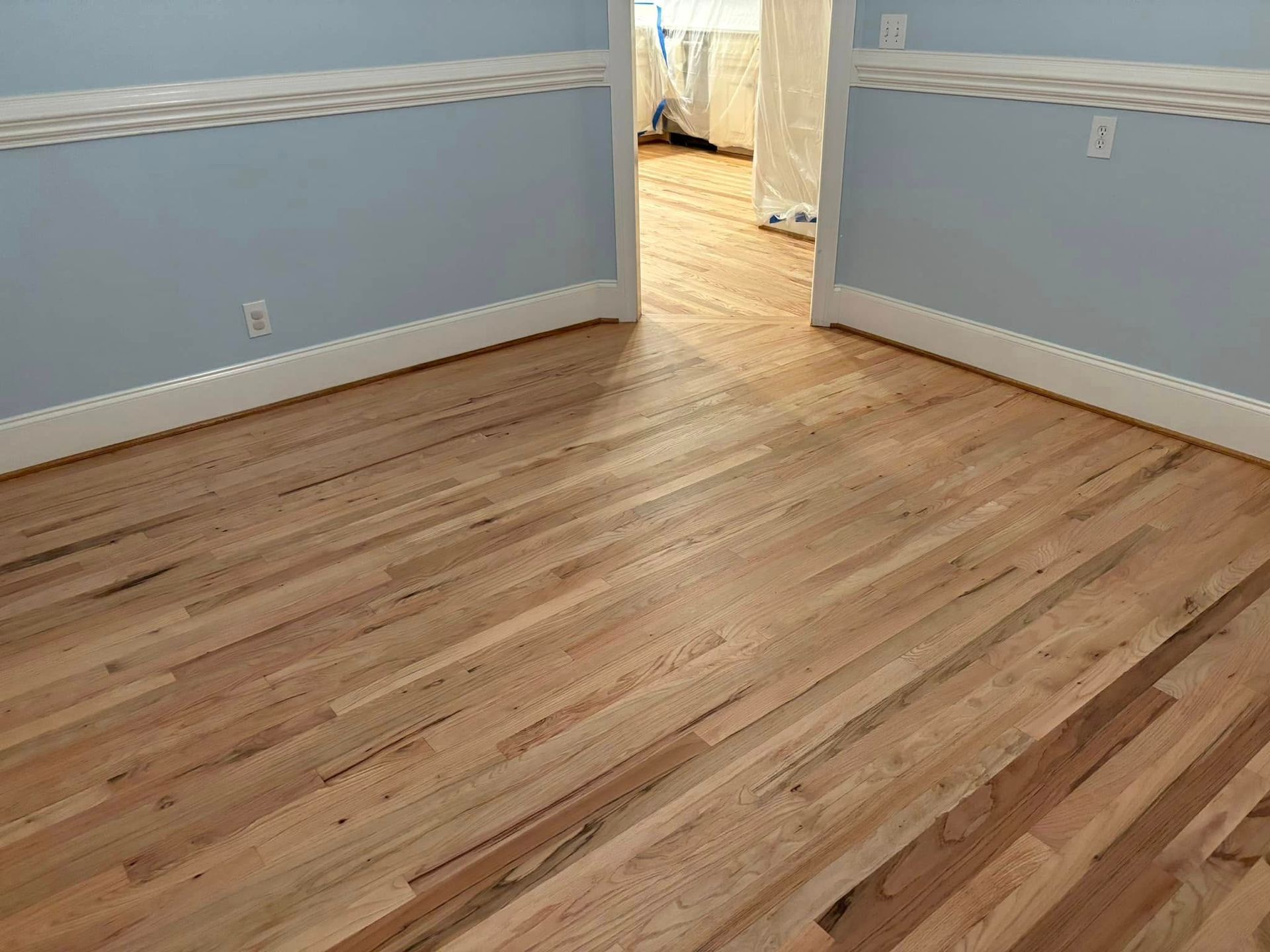 A room with hardwood floors and blue walls.