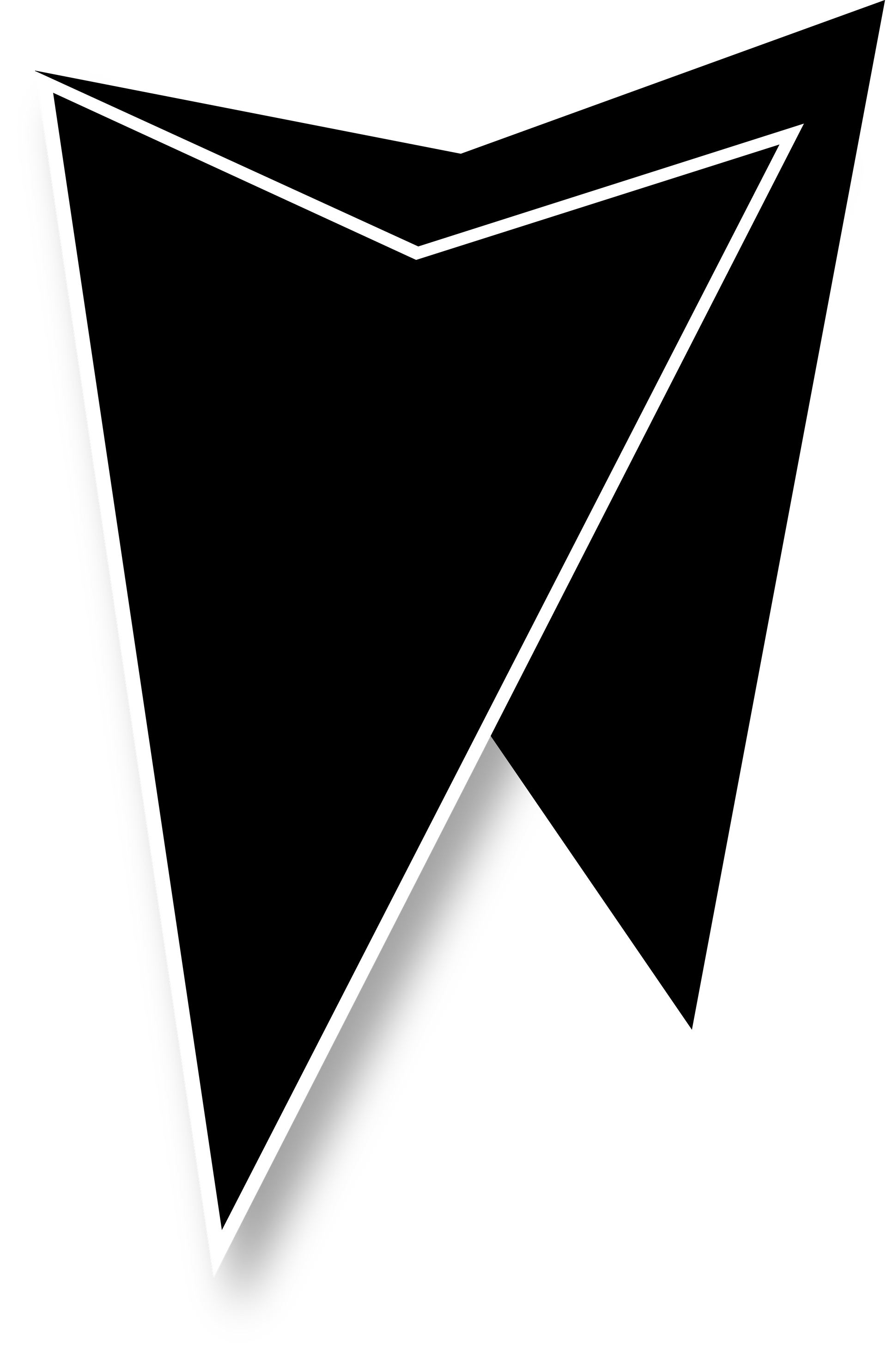 A black triangle with a white outline on a white background.
