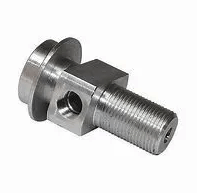 A close up of a stainless steel bolt on a white background.