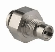 A close up of a metal connector on a white background.