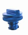 A close up of a blue fuel cap on a white background.