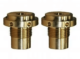 Two brass fittings with holes in them on a white background.