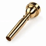 A close up of a brass trumpet mouthpiece on a white background.