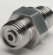 A close up of a stainless steel hose connector on a white surface.