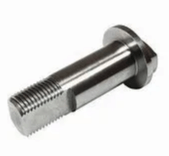 A close up of a stainless steel bolt on a white background.