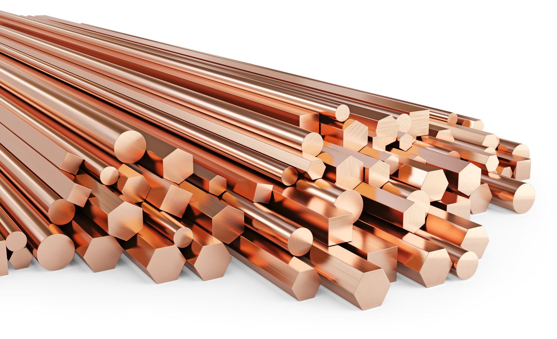 A pile of copper bars on a white background.