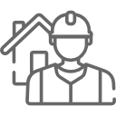 A man wearing a hard hat and safety vest is standing in front of a house.