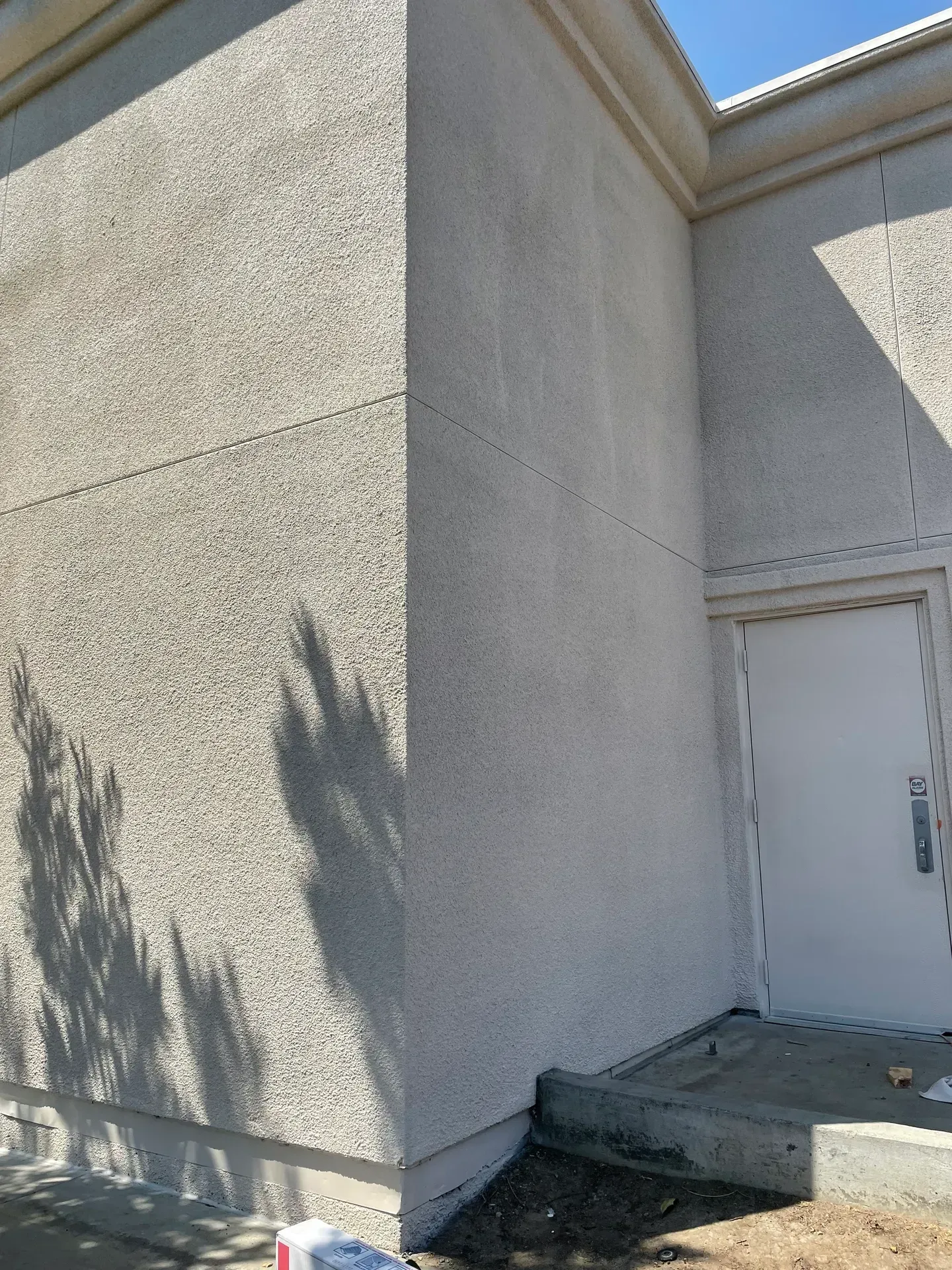 The corner of a building with a white door and a tree shadow on it.