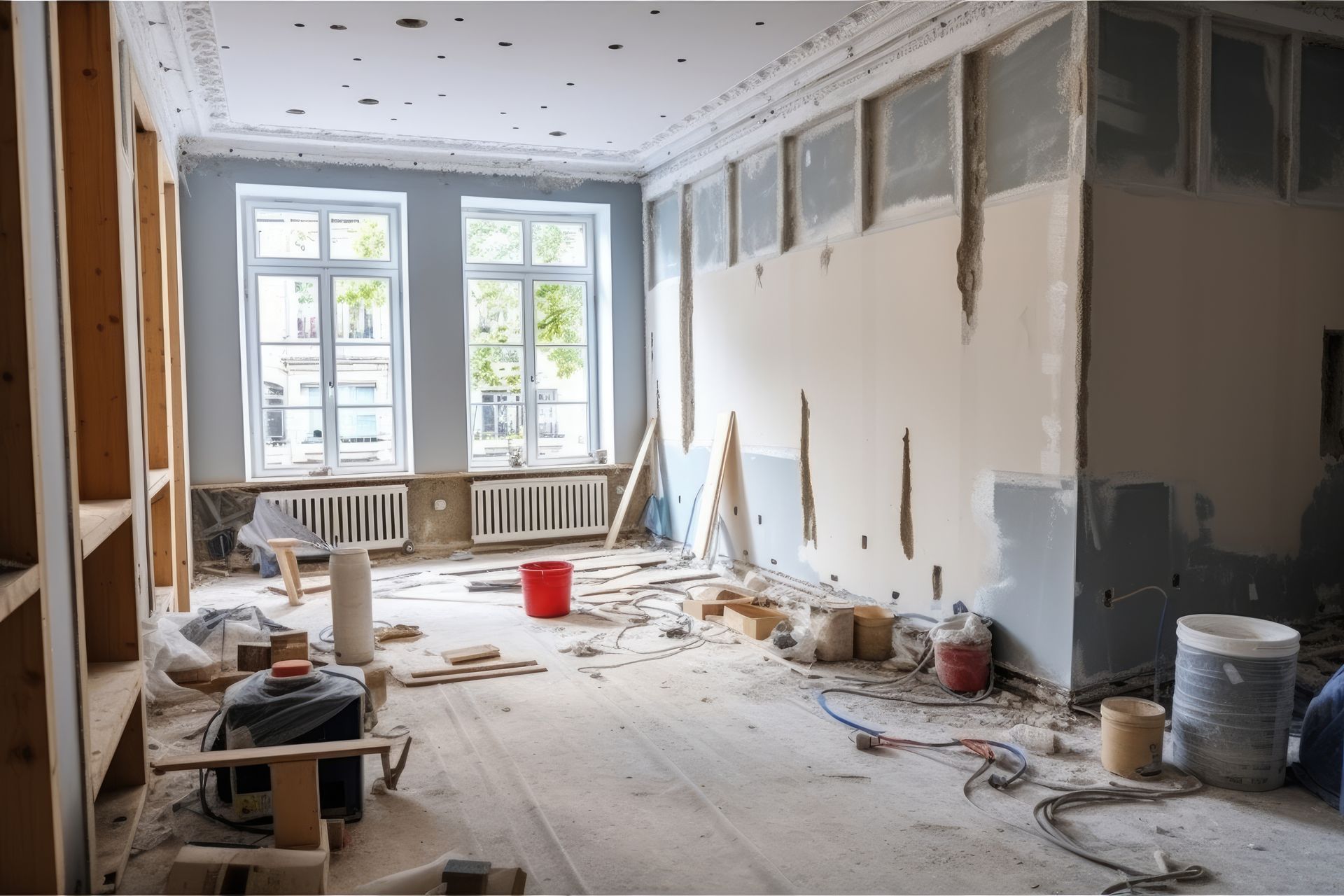 A man is plastering a wall with a trowel.