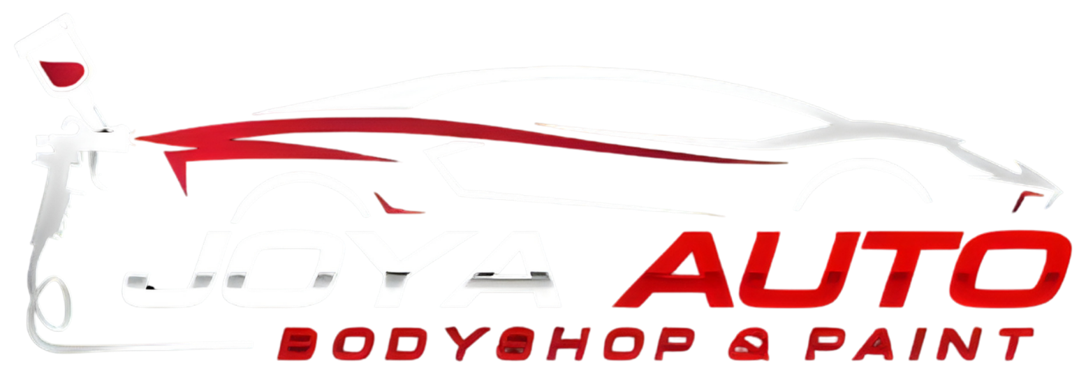 Logo for an auto body shop with a red car outline and text reading 