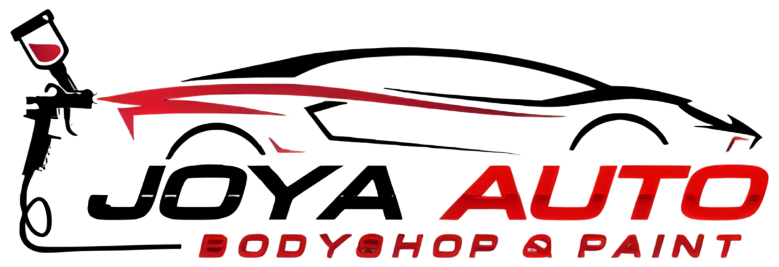 Logo for Joya Auto Body Shop & Paint: car being painted with spray gun. Red and black text on a white background.