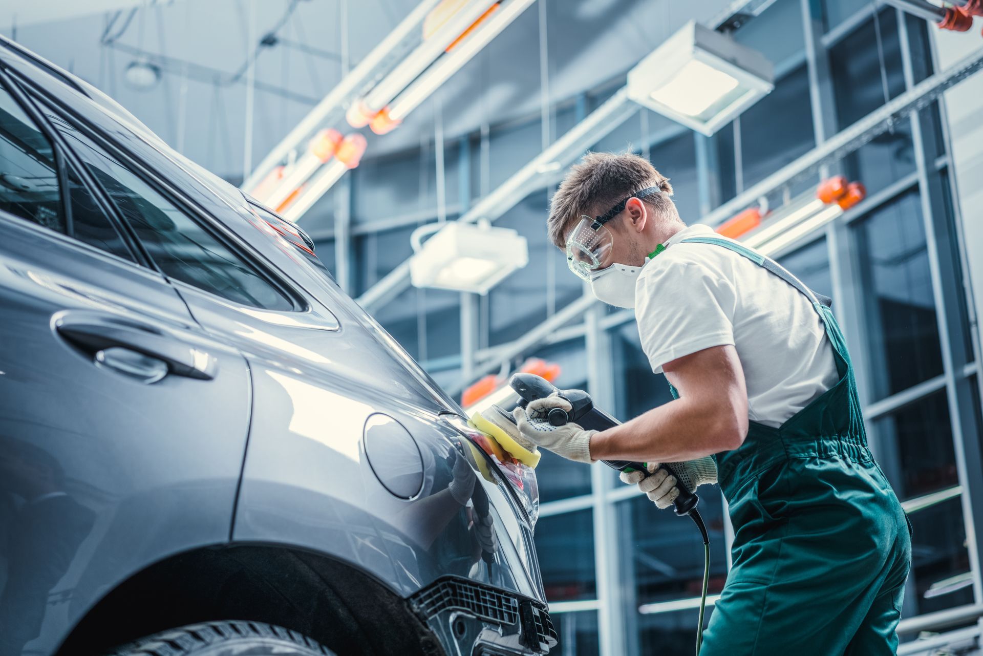 Person wearing safety glasses polishes a gray car in a brightly lit workshop.