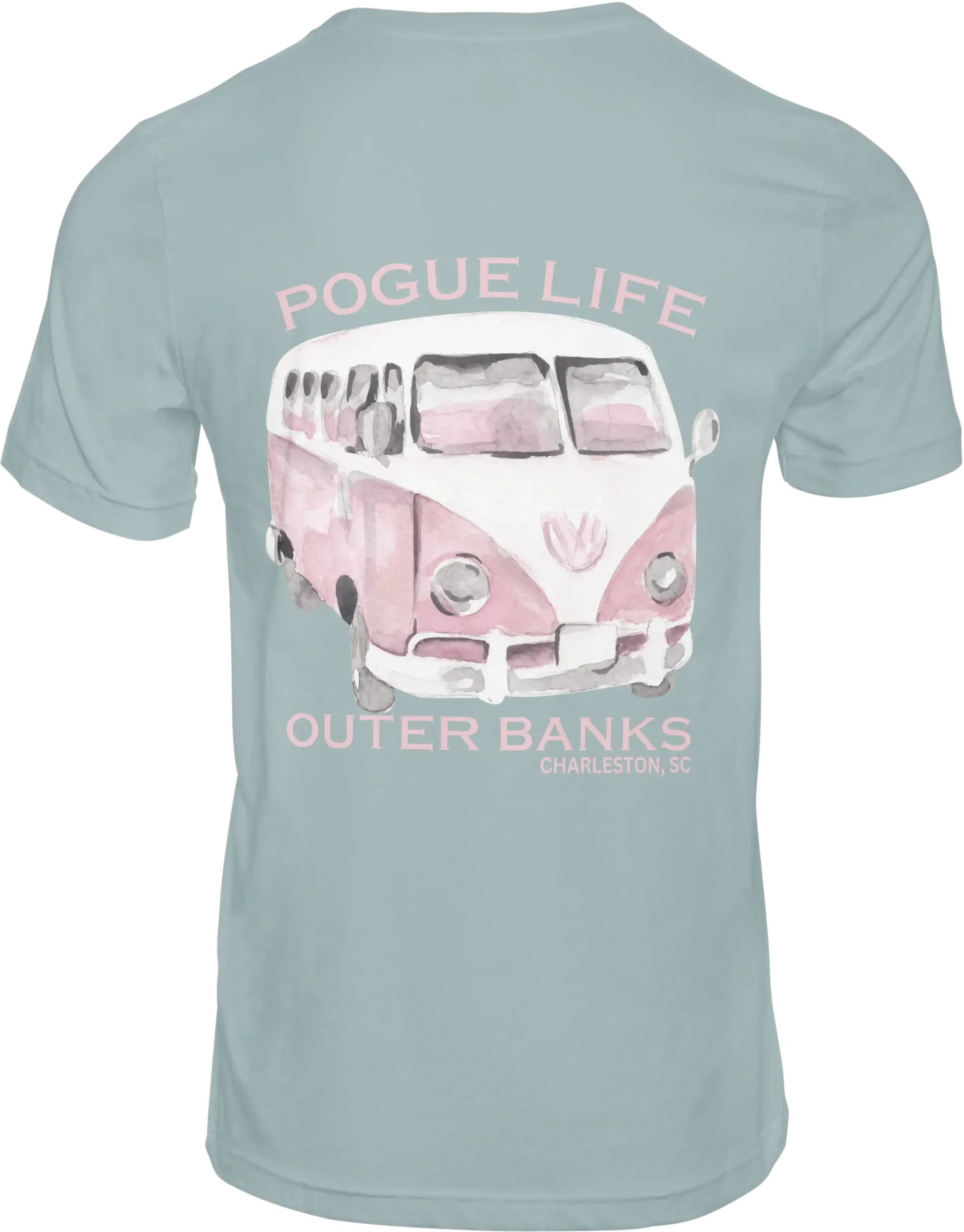 The back of a light blue t-shirt with a pink van on it.