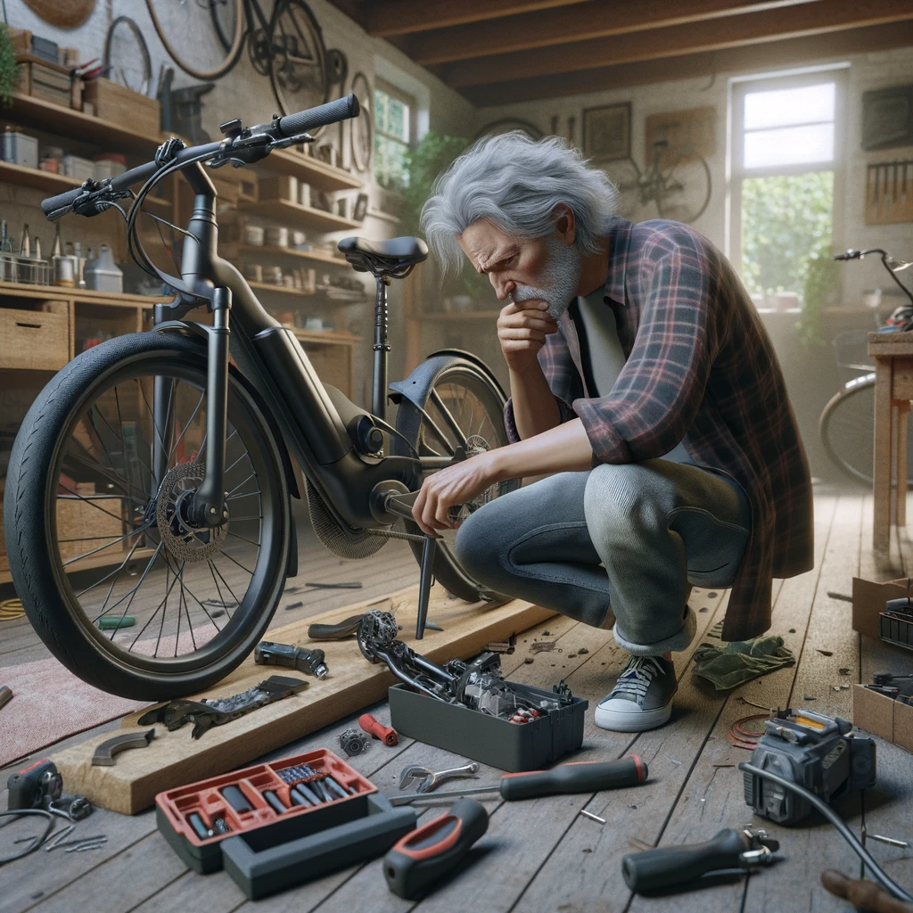 a man is working on a bicycle in a garage .