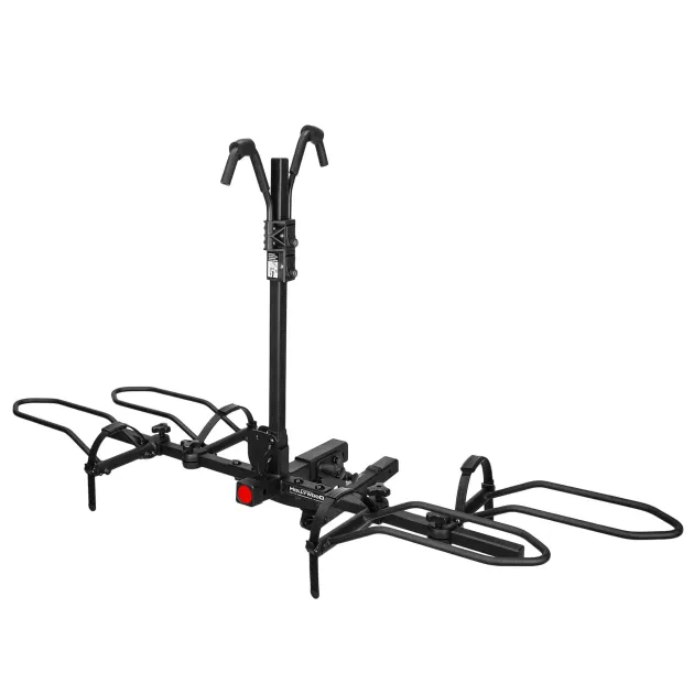 SportRider E-Bike Rack Black bike rack attached to a hitch; holds two bicycles.
