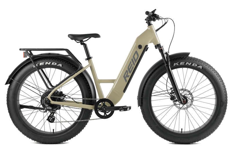 Tan Reid electric fat bike with black accents, fenders, and tires on a white background.