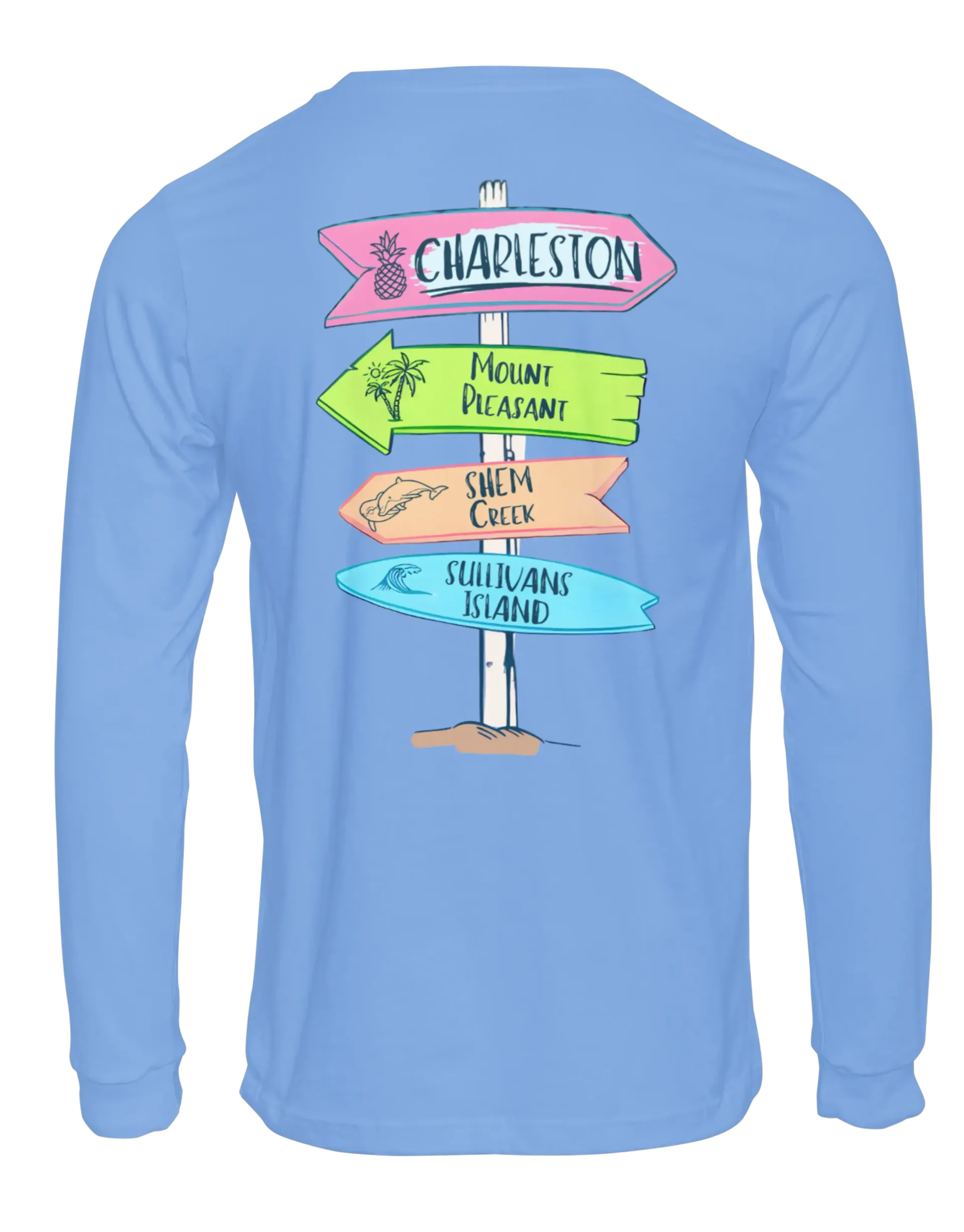 A blue long sleeve t-shirt with a sign that says charleston on it