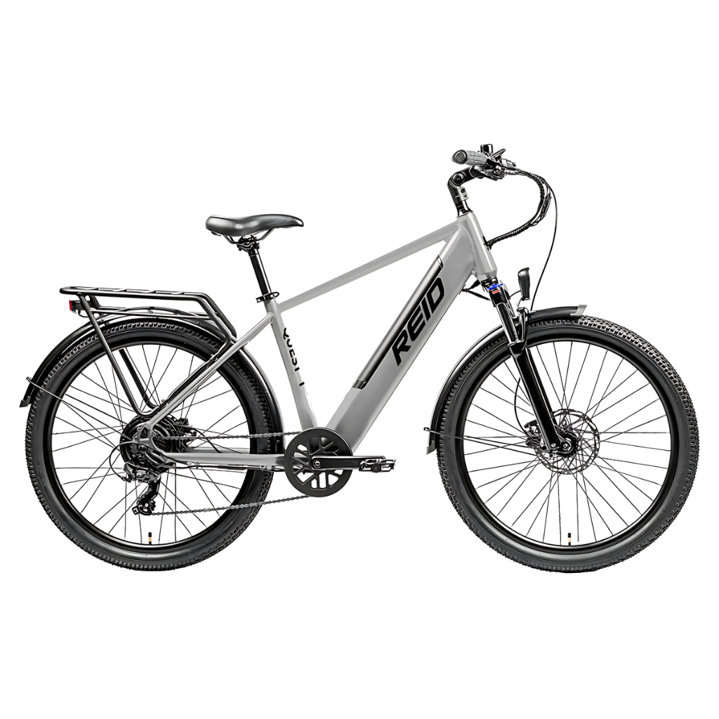 Gray Reid electric bicycle with black accents, ready for riding.