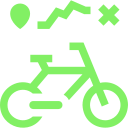a green icon of a bicycle with mountains in the background .