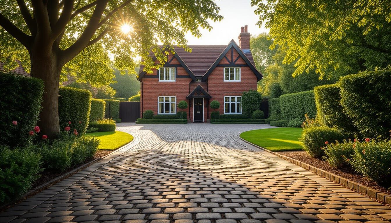 Brick house with cobblestone driveway, surrounded by green hedges and trees; sunny day.